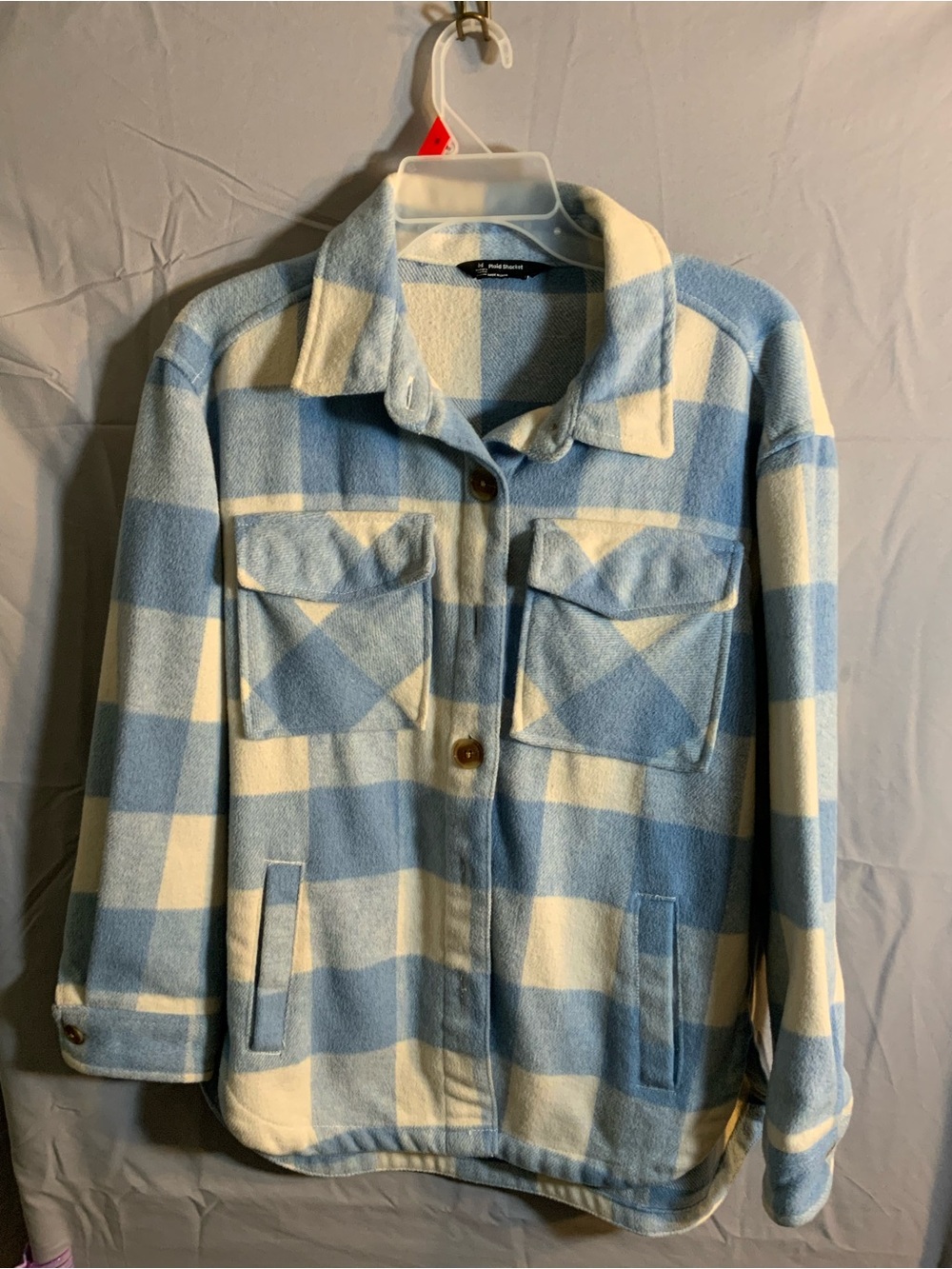 Member's Mark Blue/White Plaid Shacket Jacket XS Relaxed Fit Pockets Long Sleeve